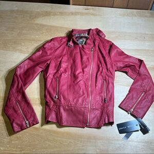 Black Rivet Vegan‎ Faux Leather Maroon Moto Motorcycle Jacket Large NWT